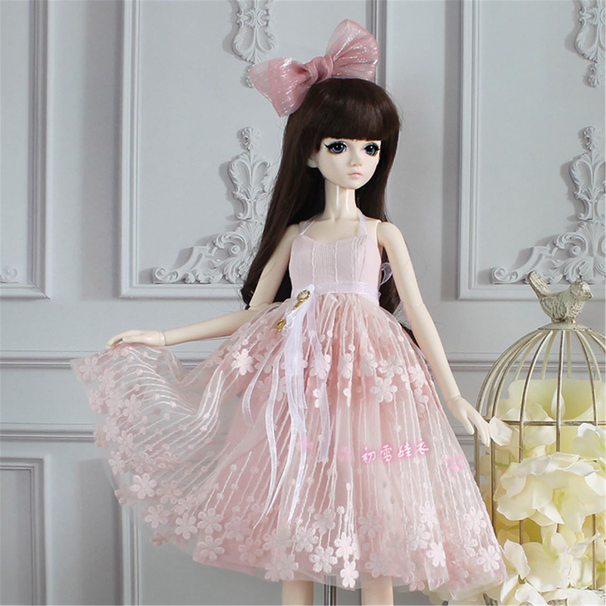 BJD ドールドレス：ピンクの花柄イブニングドレス（ヘッドウェア付き