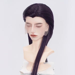 May include: A dark purple wig with long, straight hair, styled on a mannequin head. The wig features a lace front for a natural hairline. The mannequin has a neutral expression and is set against a plain background.