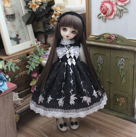 BJD Doll Dress With Hairband: Black Fashion Outfit for 1/4, 1/6 SD