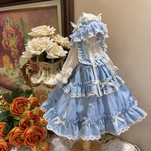 Blythe BJD Blau Kleid Kleid Puppe Prinzessin Kleid Maid Cosplay Outfit für 1/3 1/4 1/6 Dolls (Volks/FairyLand) BJD Lolita Style Kleid + Kopfbedeckung
