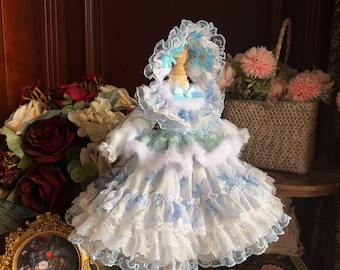 BJD 1/6 1/4 1/3 Vintage Blue Floral Ruffle Lolita Dress Hat Suit Luxury Lace Doll Clothes