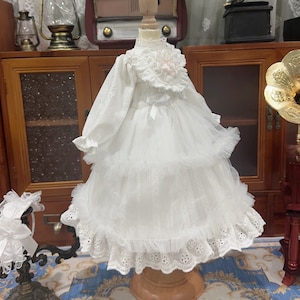 Op de afbeelding: Een witte poppenjurk met kantversiering en een bloemdetail. De jurk heeft een gelaagde rok en lange mouwen.