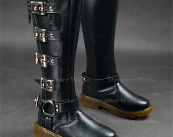 Black Leather BJD Doll Boots: Punk Buckle Long Boots (9cm/9.5cm)