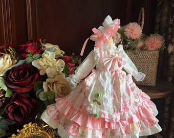 1/3 1/4 1/6 BJD Pink Lace Ruffle Dress with Bonnet Doll Clothing