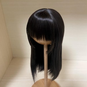 Può includere: Una parrucca nera con capelli lunghi e lisci e frangia. La parrucca è esposta su un supporto di legno, che mette in risalto la sua texture elegante e lucida. I capelli sono di un colore nero intenso e uniforme, e lo stile è un taglio dritto classico.