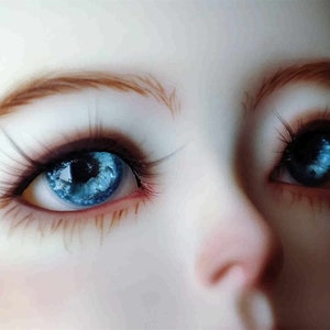 May include: Close-up of a doll's face with blue eyes and brown eyelashes. The doll's eyes have a swirling, galaxy-like pattern.