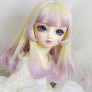 Curly BJD Doll Wig: Layered Cut, Blonde-Purple Ombre, 6-10 inch