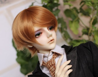 May include: A doll with short, reddish-brown hair, wearing a white shirt with a plaid tie and a black blazer.