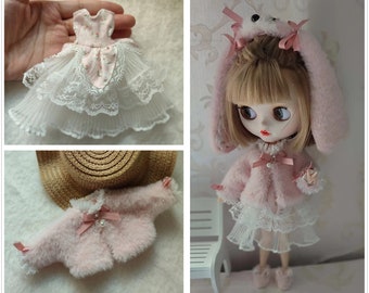 Custom Make Bjd Rabbit Suit SD Doll Clothes Faux Mink Fleece Jacket + Floral Lace Dress Set For Blythe 1/12 1/8 1/6 1/4 1/3 OB11 OB22 OB24