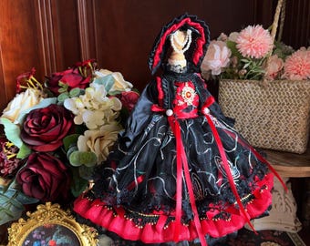 Black Red Ribbon Bjd Dress & Bonnet Outfit for SD MSD YOSD Doll