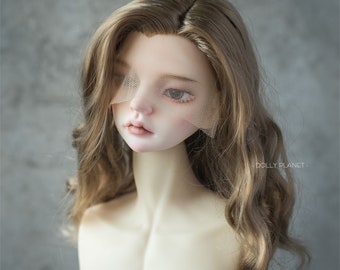May include: A long, wavy, light brown wig with a lace front. The wig is styled with loose waves and is worn on a doll's head. The doll's face is partially obscured by a sheer, white mesh cap.