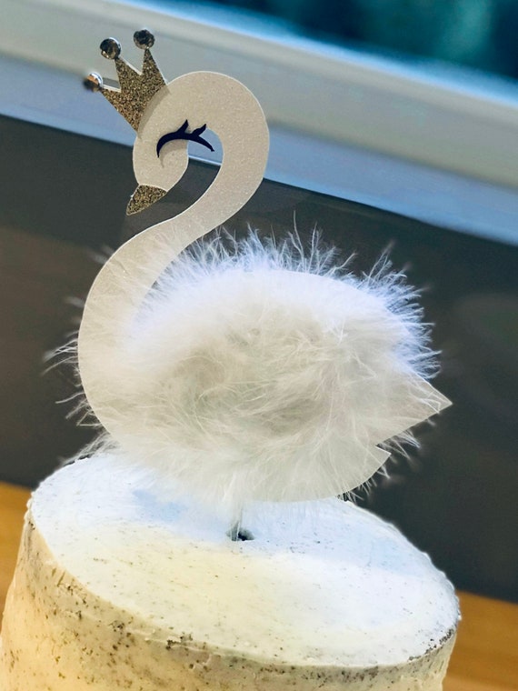 Feathered Swan Cake Topper: Double Sided Glitter Card, Gems