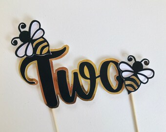 Bee 2nd Birthday Cake Topper: Black & Gold Number Two