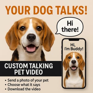 Peut inclure: Image promotionnelle avec un chien Beagle et le texte "YOUR DOG TALKS!" et "CUSTOM TALKING PET VIDEO". Une bulle de dialogue dit "Hi there!" et un téléphone affiche "Hi, I'm Buddy!" avec un Beagle. L'image fait la promotion de vidéos personnalisées pour animaux de compagnie.