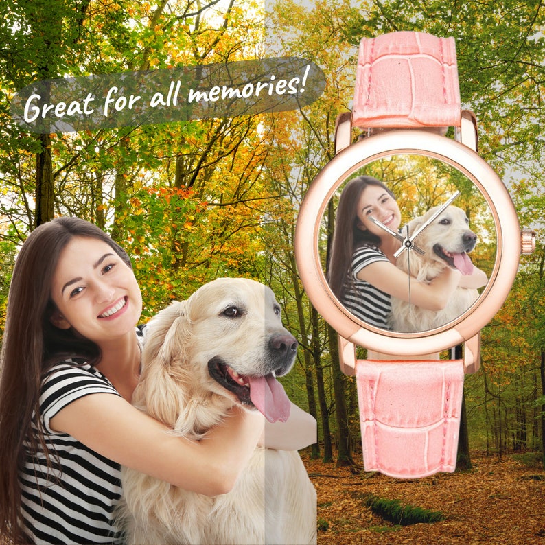 May include: A pink leather wristwatch with a round face featuring a photo of a person and a dog. The watch has a rose gold case and a white background.