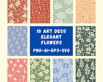Art Deco Floral Pattern Bundle – 10 Vintage Flower Designs (png, ai, eps, svg)
