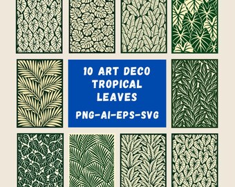 Art Deco Floral Pattern Bundle – 10 tropical leaves Designs (png, ai, eps, svg)
