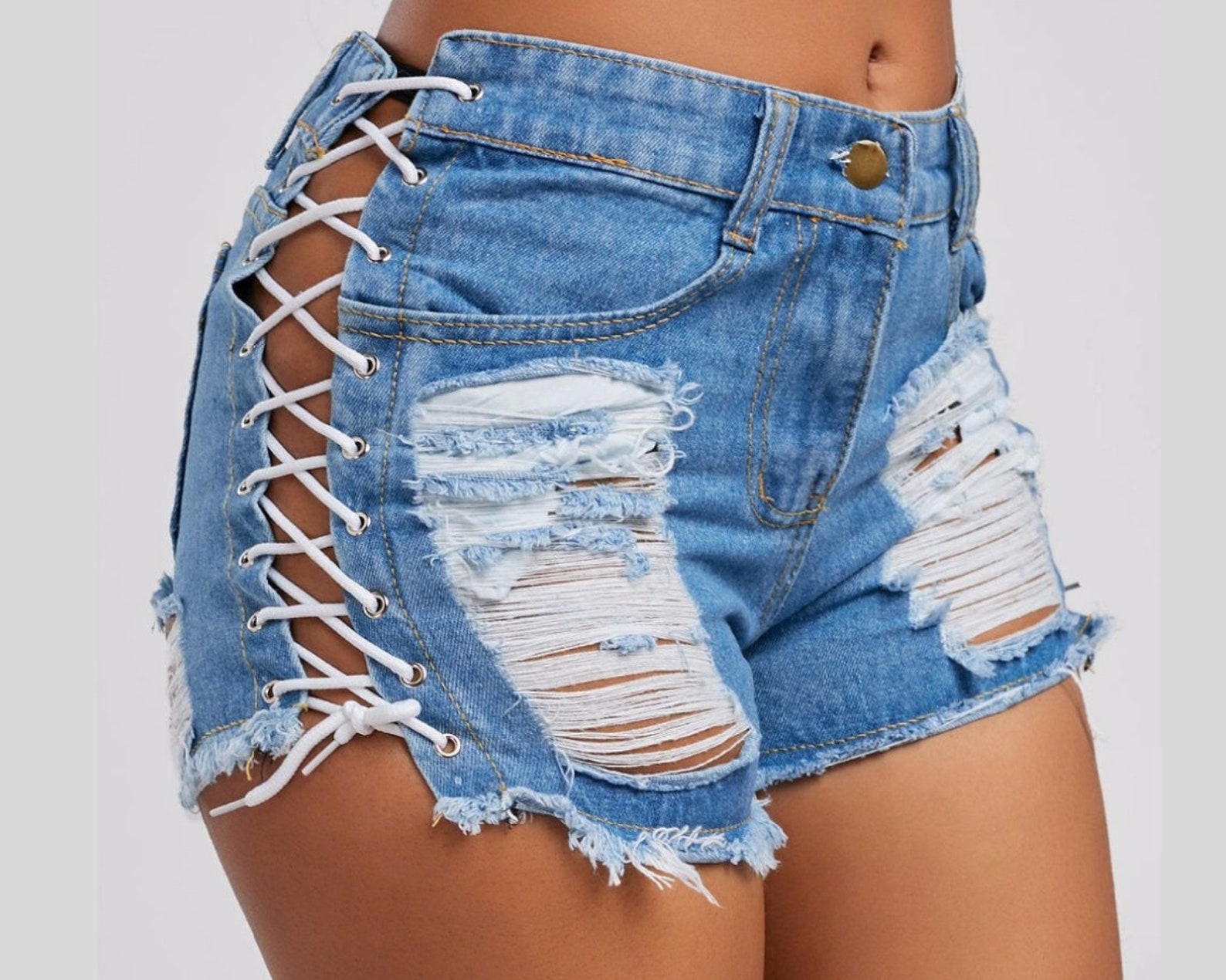 Blue Lace up Shorts Women Ripped Denim Shorts Ladies High Etsy