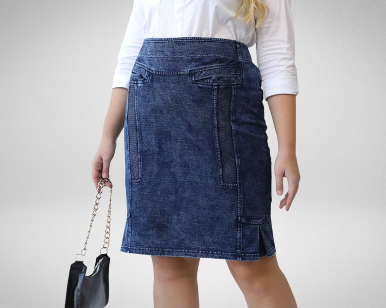 Elegant Denim Skirt Vintage Navy Blue Jeans Plus Size Midi Skirts