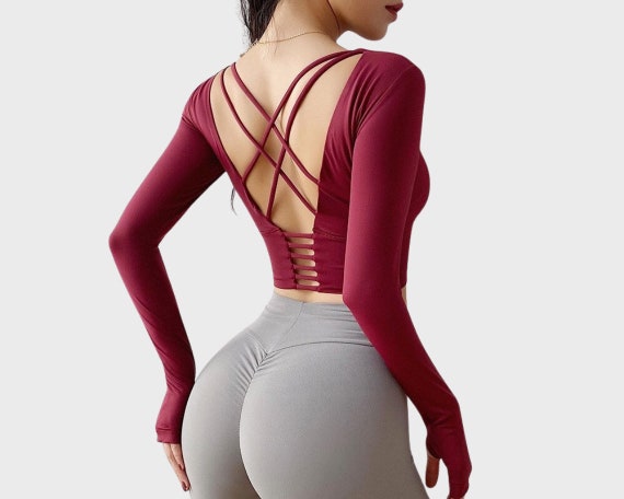 Strappy Long Sleeve Gym Yoga Sports Bra for Women Long Sleeved