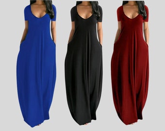 Modest Deep V Maxi Dress, Loose Plus Size Boho Dress, Oversized Bohemian Black, Red, Blue Summer Dresses, Pockets | High Waist Chiffon Dress