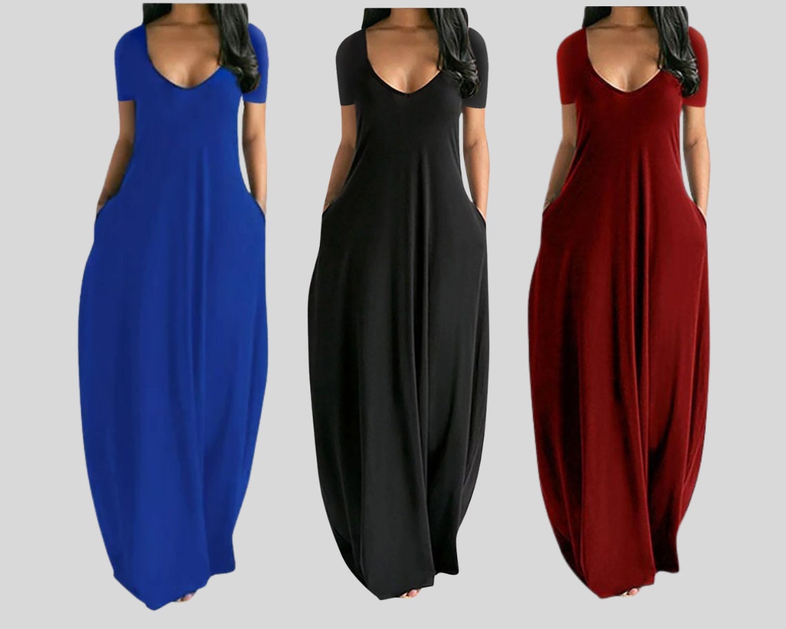 Modest Deep V Maxi Dress, Loose Plus Size Boho Dress, Oversized