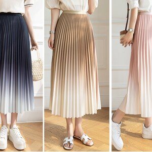 Gradient Pleated Midi Skirt Summer Mid Length High Waist Ombre Skirts Y2K Empire Waist A line Skirt Elastic Waist Holiday Gifts for Her