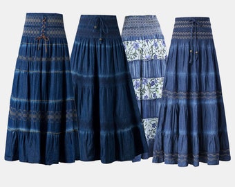 Denim Maxi Skirt | Long Pleated Blue Jean Skirt | Boho Maxi Skirt | High Waist Bohemian Summer Skirts | Casual Elastic Waist Flowy Skirts