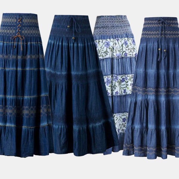 Denim Maxi Skirt | Long Pleated Blue Jean Skirt | Boho Maxi Skirt | High Waist Bohemian Summer Skirts | Casual Elastic Waist Flowy Skirts