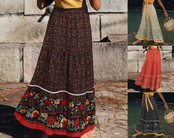 Boho Maxi Skirt | Pleated Bohemian Skirt | Floral Printed Plus Size Skirt | High Elastic Waist Summer Skirts | Long Flowy Skirt