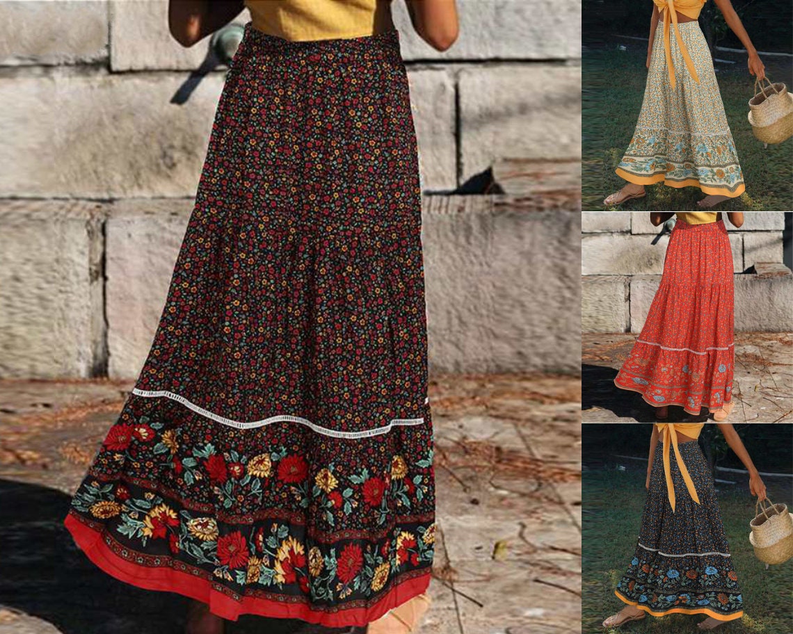 Buy Lyrur Women's Floral Midi Skirt with Pockets High Elastic Waist Flowy  Ruffle Casual Summer Boho Aline Skirts, Navy Floral, X-Large at