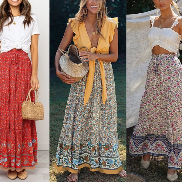 Bohemian Full Skirt Maxi Casual Skirts Summer Floral Printed Cotton Skirt - High Waist Boho Style Lace Up Hippie Skirt Retro Gifts for Her