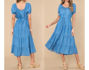 Denim Dress Long Summer Dresses Loose Elegant Dress Casual Jean Belted Dress Midi Sundress for Vacation Ruffle Dress Holiday Gifts For Her