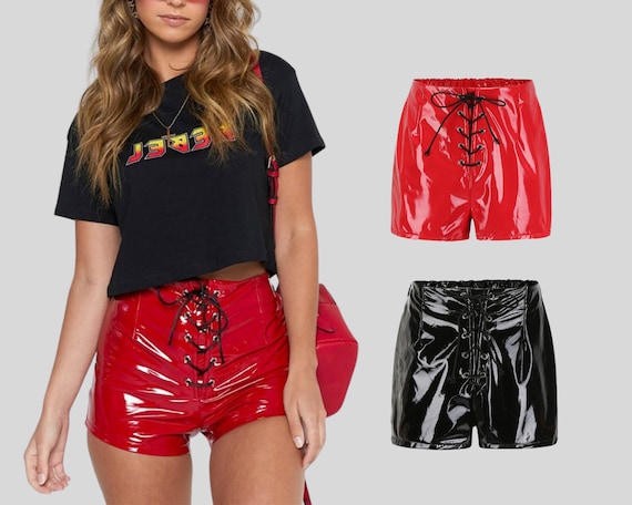 Faux Leather Shorts Women Black & Red Leather High-waist Booty Shorts  Stretch Leather Hot Short Pants Girls Summer Outfits Lace up Short 