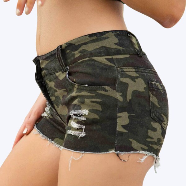 Trendy Camouflage Denim Shorts Women Petite Jean Shorts Summer Wear Low Waist Green Fashion Mini Shorts Casual Beach Festival Gifts for Her