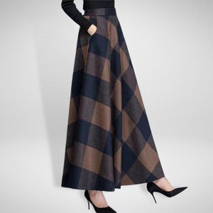 Wool Plaid Skirt Women High Waist Warm Skirt Maxi Pleated Skirt