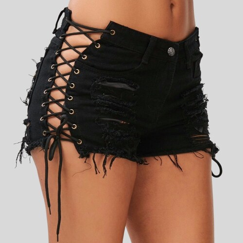 Black Lace up Shorts Women Denim Shorts Ladies High - Etsy