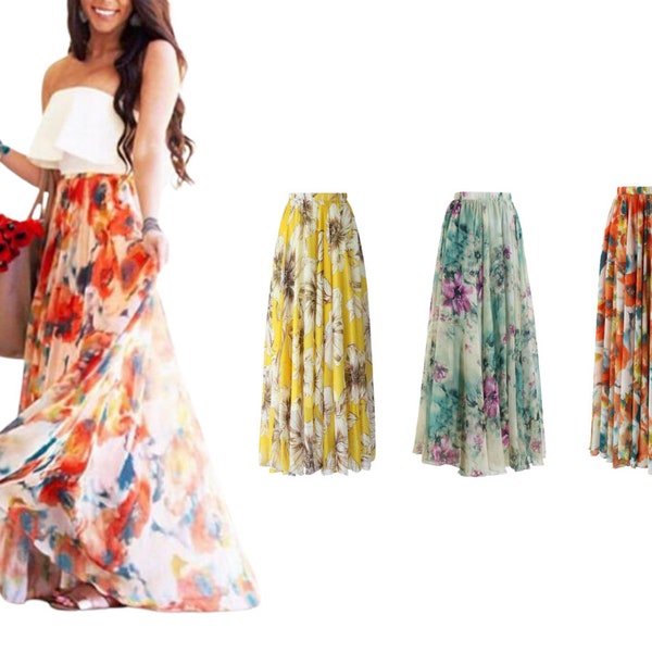 Chiffon Skirt | Maxi Skirt | Long Floral Skirt | High Waist Gypsy Skirt | Bohemian Women Summer Skirts | Beach Skirt