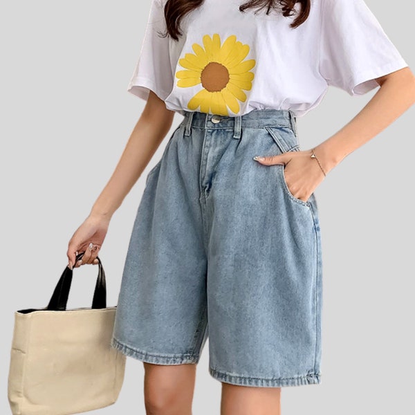 Denim Bermuda Shorts Women | High Waisted Jean Shorts | Wide Legs Womens Shorts |  Vintage Loose Shorts