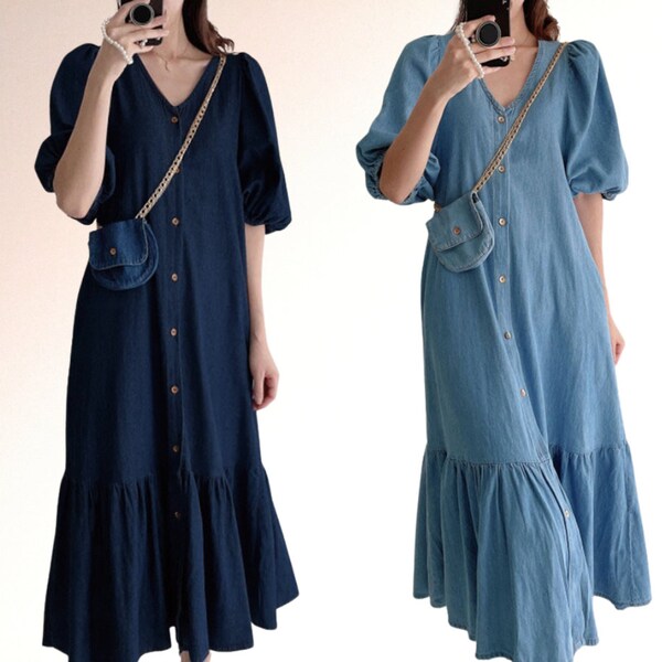 Vintage Denim Dress Long Summer Dresses Loose Ruffle Dress Plus Size Casual Jean Dress Oversized Midi Sundress Robe Gifts For Her