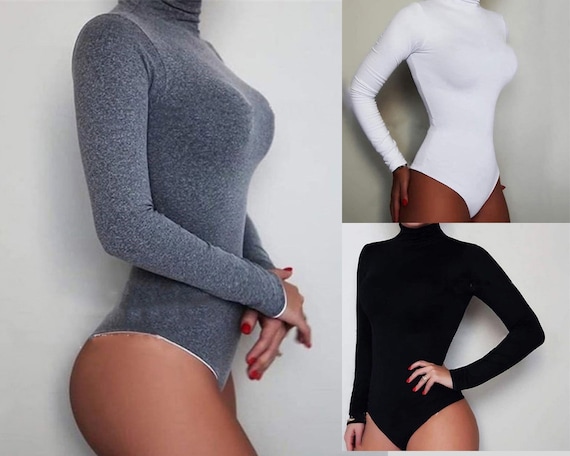 Turtleneck Bodysuit Women Bodycon Tops Trendy Womens High Neck Slinky Top  Minimalist Black Gray White Long Sleeve Mock Shapewear Jumpsuit -   Sweden