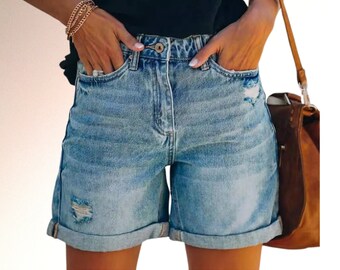 Short en jean femme taille haute Short à jambes larges Jean Short des années 90 bleu Denim Short avec poches Vintage Short taille haute rétro Short