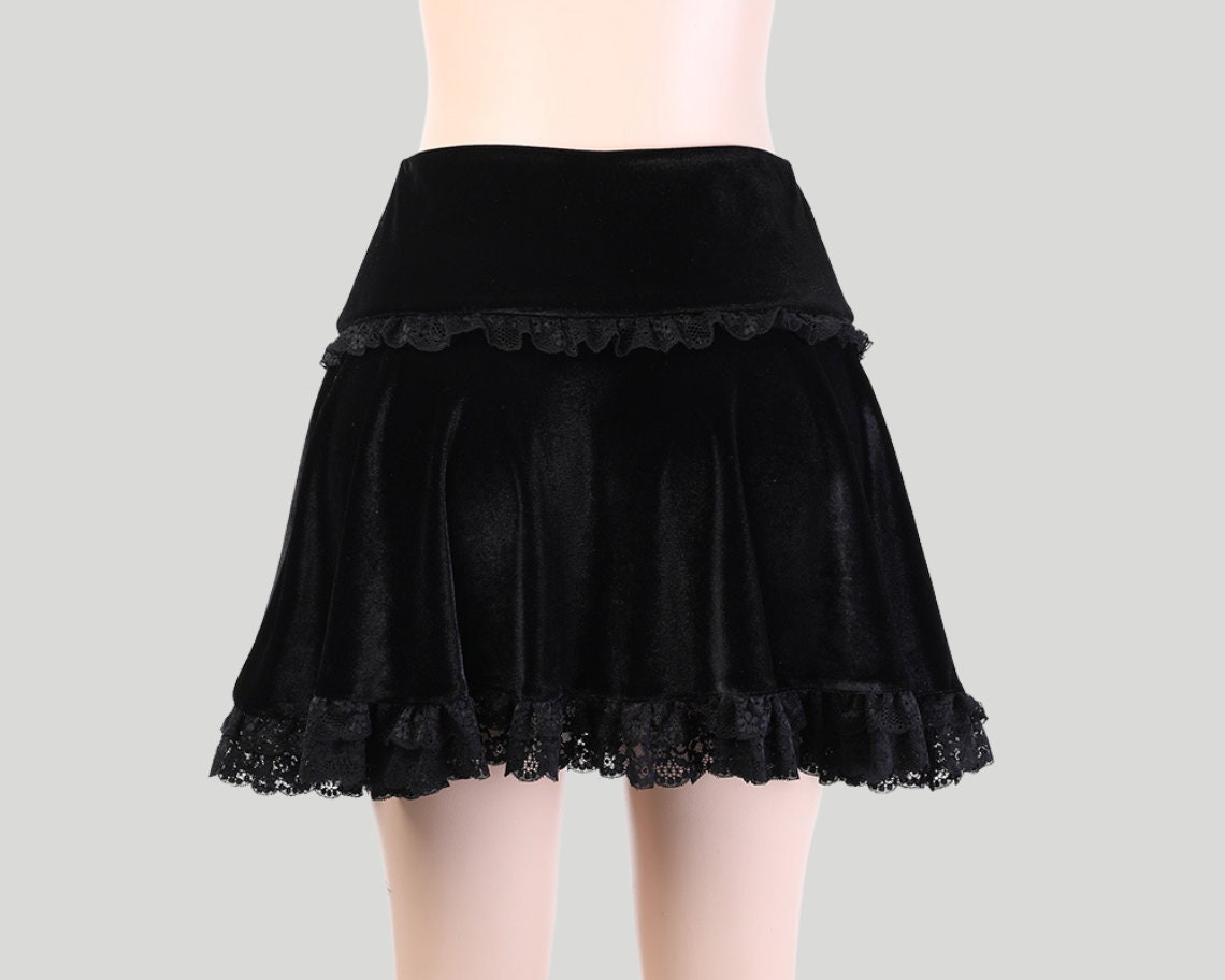 Gothic Velvet Skirt Black Mini Skirt Black Lace Goth Skirt | Etsy