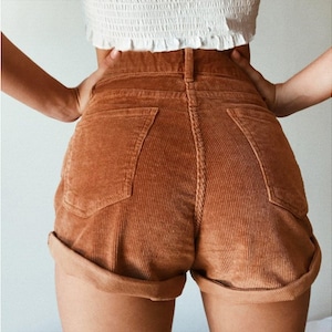 Vintage Shorts Women | Brown Summer Shorts | Elastic High Waisted Casual Shorts Womens | Ladies Streetwear Shorts with Pockets