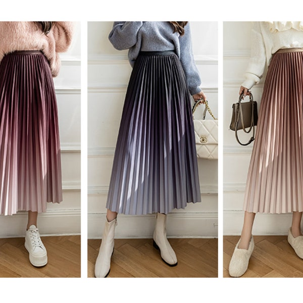 Gradient Pleated Midi Skirt Summer Mid Length High Waist Ombre Skirts Y2K Empire Waist A line Skirt Elastic Waist Holiday Gifts for Her