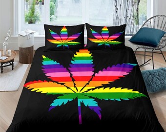 Marijuana Weed Leaf Duvet Cover Set Teens Gothic Skull Skeleton Bedding Set Queen for Boys Men Youth Bedroom Decor Green Cannabis Smoky Comforter Cover Black White Bedspread Cover with 2 Pillow Case