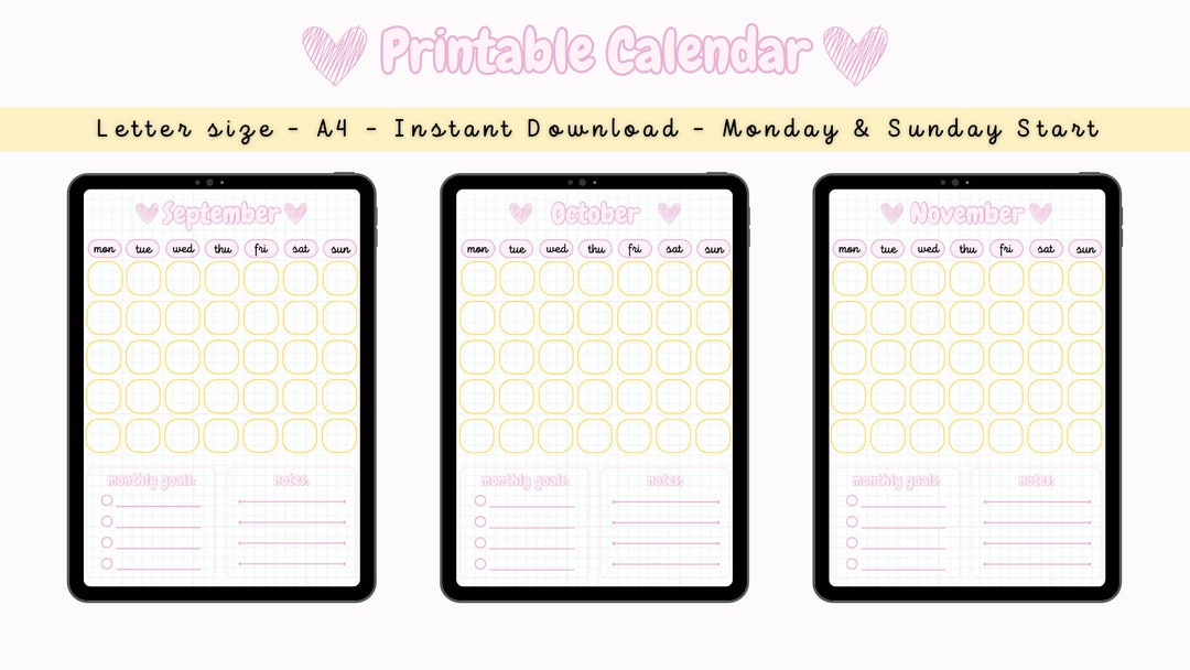 Back to School Calendar Printable Vertical Pages Monthly Etsy