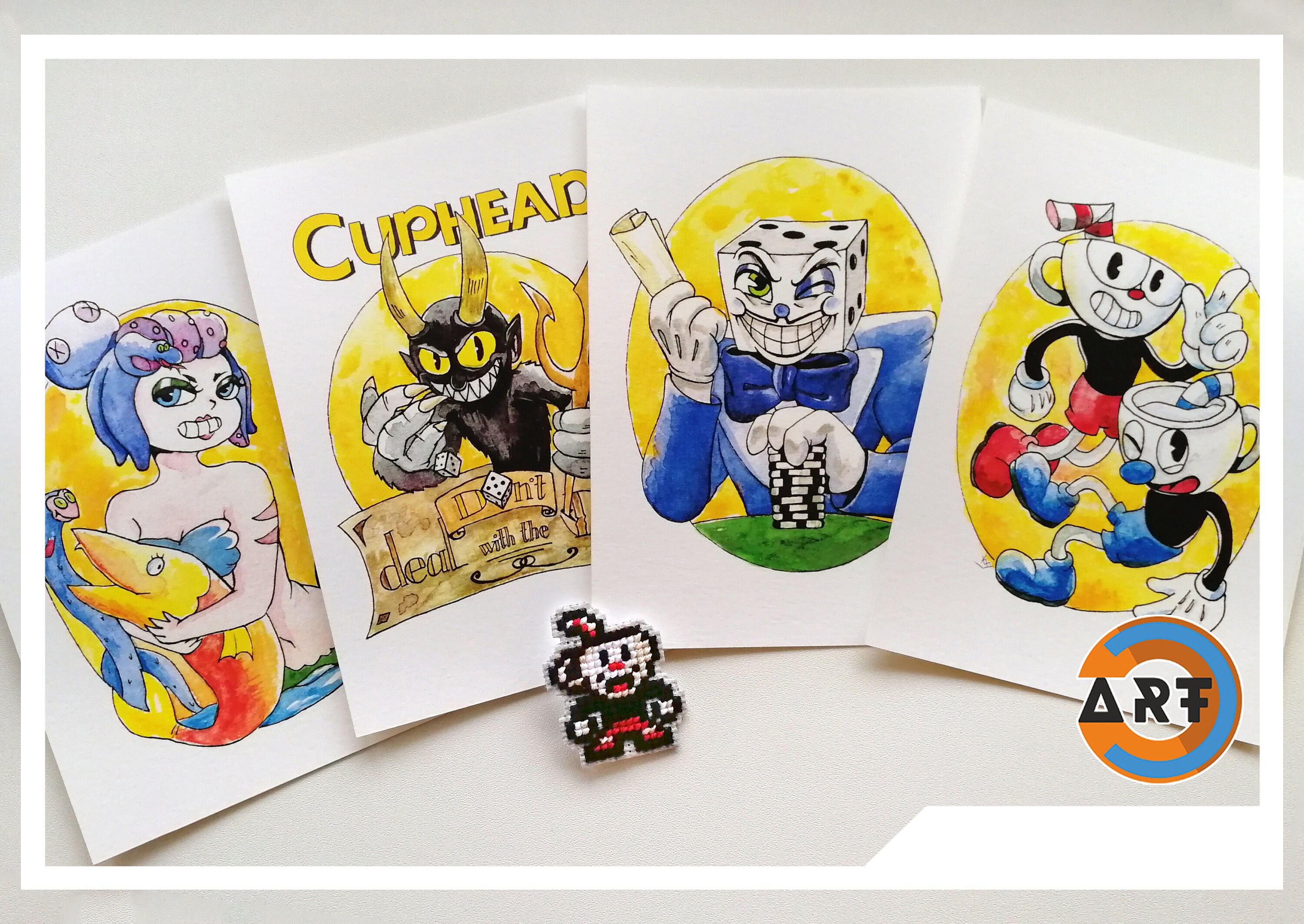 Cuphead art prints set pin gift box pixel art | Etsy