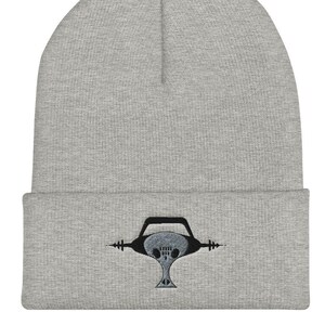 May include: Gray beanie with a black embroidered skull design. The skull is wearing a headset with sound waves coming out of the sides.