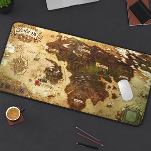 May include: A vintage-style map of the world with a brown, beige, and green color scheme. The map is printed on a rectangular mouse pad with a black border. The map features the text "Final Fantasy" and "World Map".